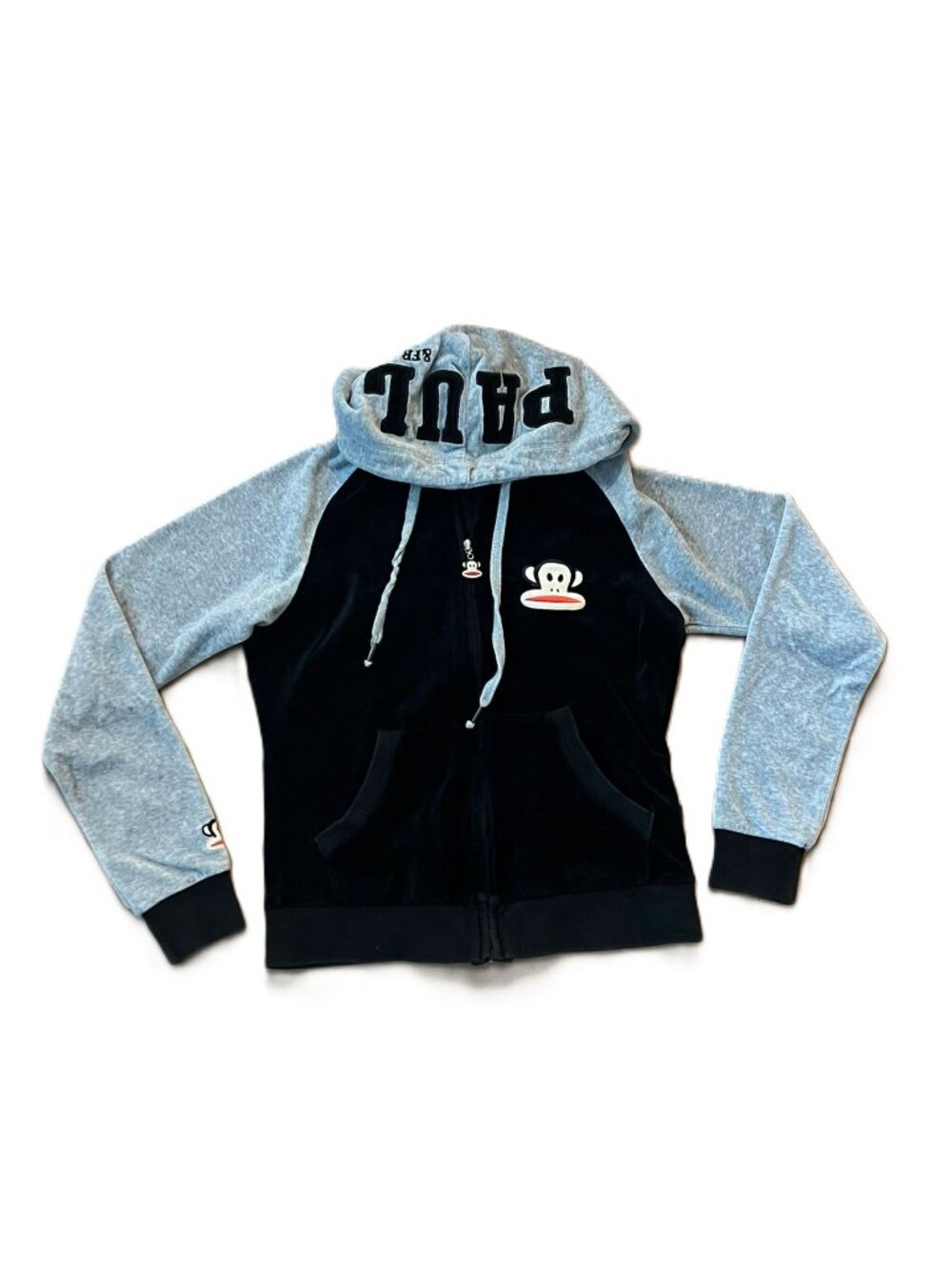 Y2K Paul Frank Julius Velour Black and Grey Full Zip Hoodie Retro Vintage